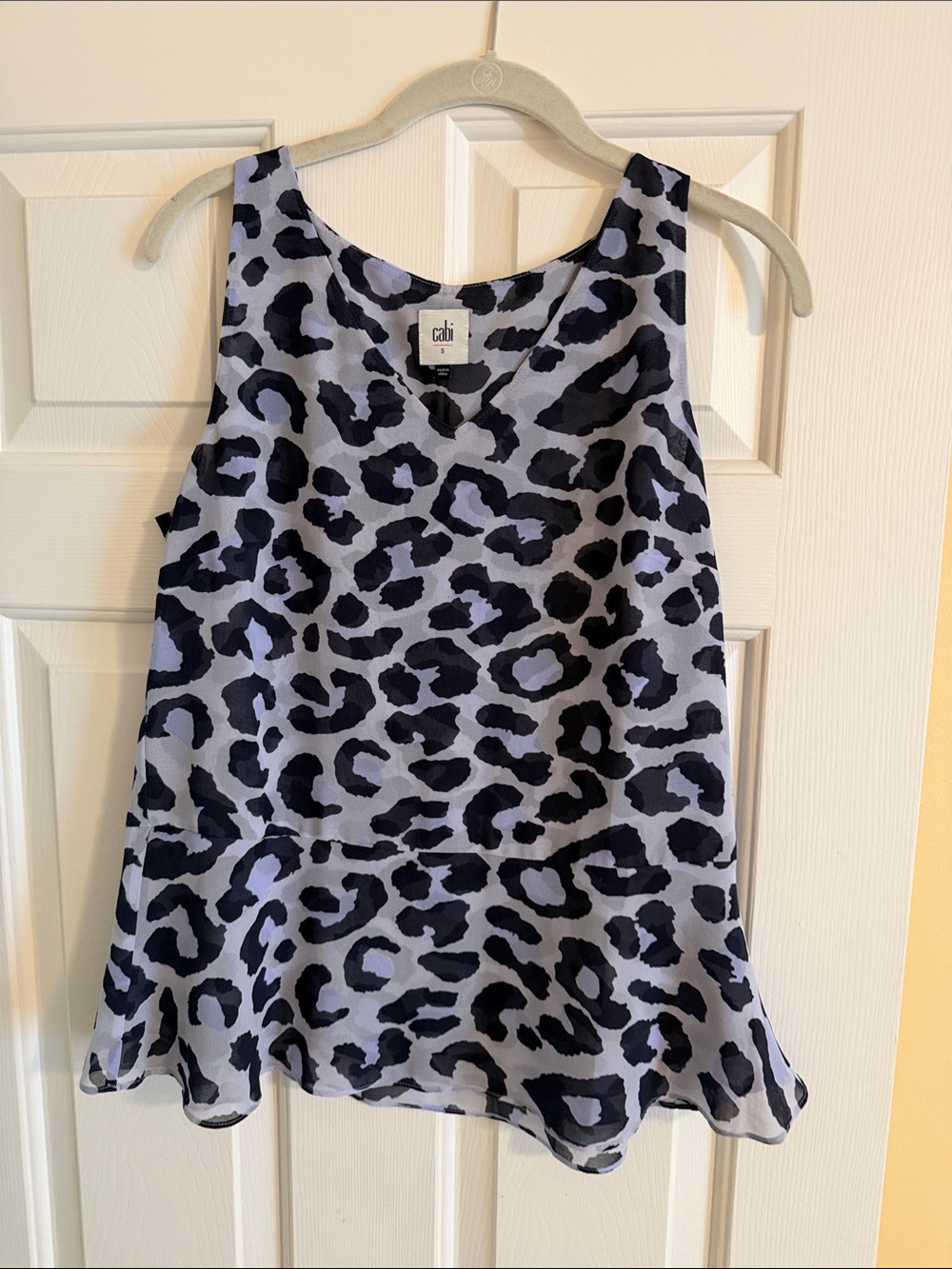 CAbi Black Gray Leopard Print peplum Sleeveless Top, size small